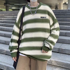 日系复古vintage条纹圆领毛衣男秋冬季情侣慵懒风宽松针织衫TW01图片