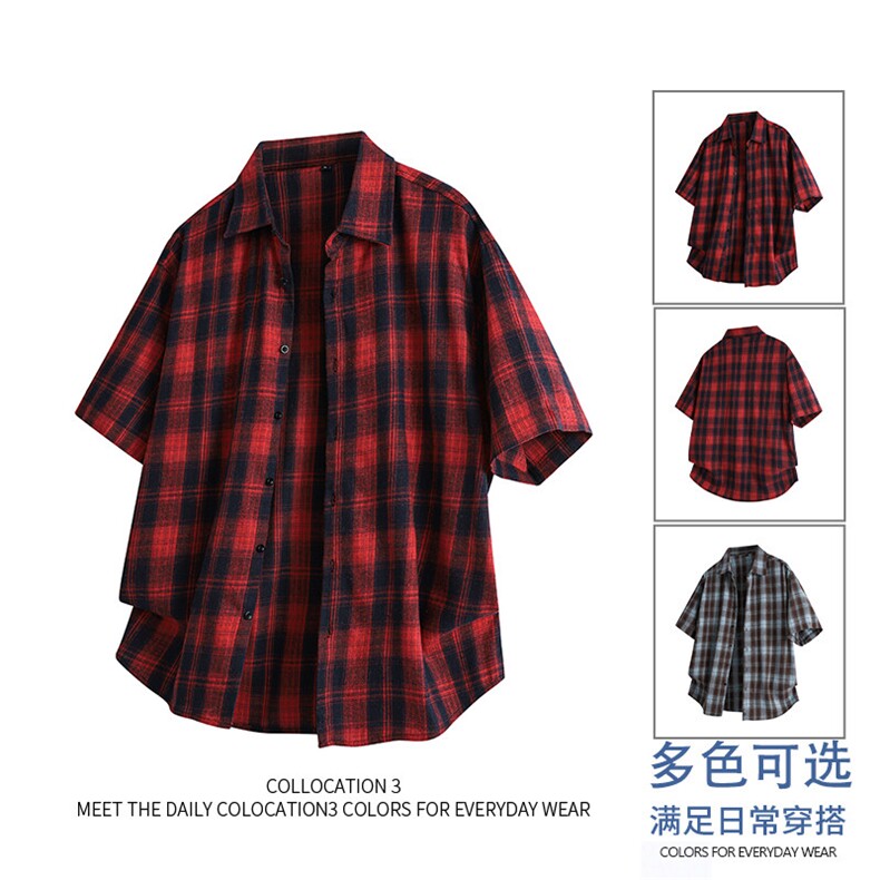 新款跨境专版宽松潮流短袖格子衬衫男图片