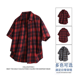 新款跨境专版宽松潮流短袖格子衬衫男图片