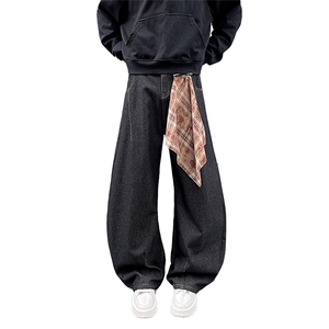 可拆卸格子方巾弯刀牛仔裤男潮牌大码廓形长裤N6461-特P43控85图片