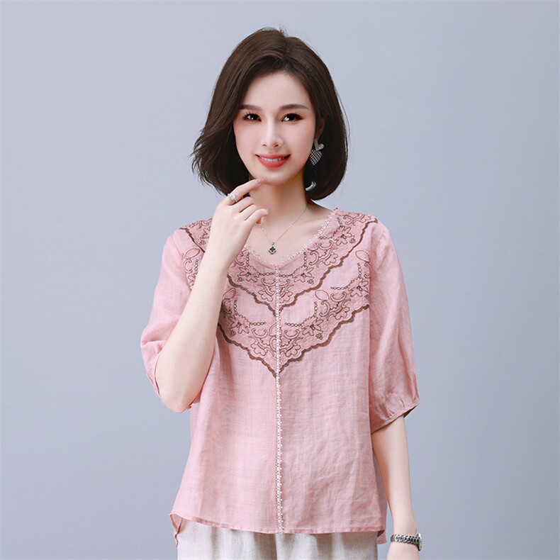 2023夏季纯苎麻刺绣简约气质宽松时尚休闲显瘦舒适上衣，女装衬衫，独衣靓