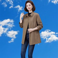 2025新款春季女装时尚妈妈装翻领长袖宽松休闲中长风衣外套女减龄，女装大码女装，娇莉