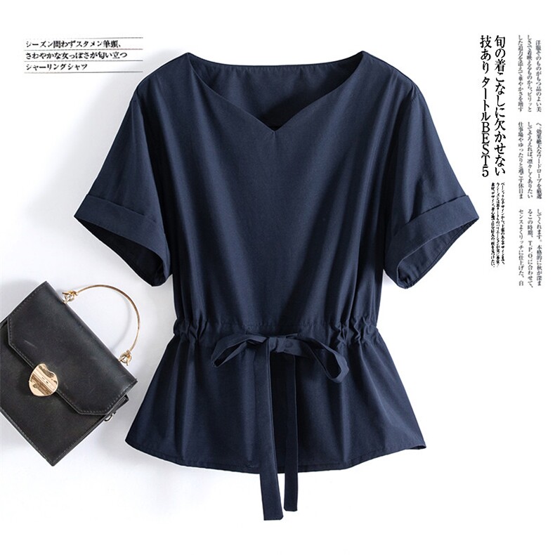 时尚女装V领短袖衬衫修身显瘦抽绳设计舒适百搭上衣，女装衬衫，水衣源