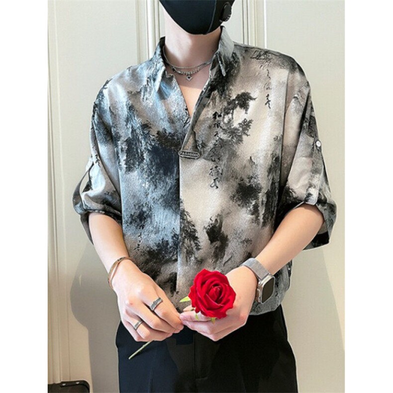 新中式风衬衫男短袖休闲痞帅水墨扎染衬衣男士夏装上衣CA683,男装衬衫,星座1116A-2（原606A-1）