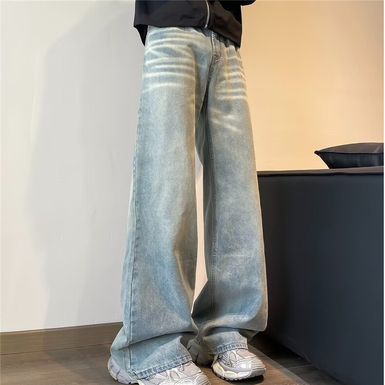 美式复古蓝色大码牛仔裤男夏秋季宽松微喇水洗炸街拖地长裤N813,男装牛仔裤,星座506