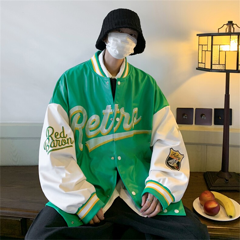 特批72控128 秋款pu皮拼色男士棒球领刺绣外套机动皮夹克潮PJ222图片