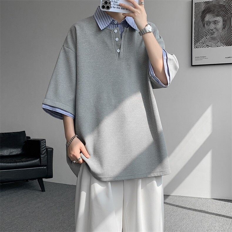 8XL-M假两件衬衫领短袖T恤大码夏季条纹拼接polo衫半袖DX1211/P45,男装T恤,电商B238