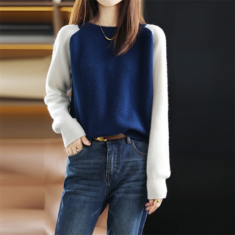时尚百搭拼色针织羊毛衫显瘦修身长袖毛衣女，女装羊毛衫，丽特绒