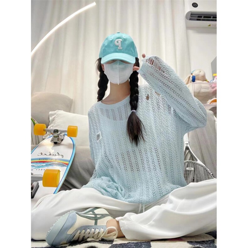 【网图】蓝色镂空外搭防晒罩衫女夏季薄款针织长袖CN01WW-特P45,针织衫/毛衣,星座1007（原301D）