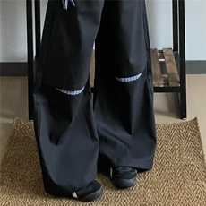 破口拼接条纹设计弯刀裤男女学院风美式高街半松紧微喇黑色西裤，男装西裤，星座506A