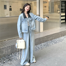 浅蓝色休闲时尚牛仔套装女秋装2025新款韩版马甲直通阔腿裤两件套，女装套装/套裙，2C133