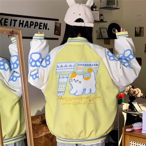 潮牌猫咪刺绣撞色棒球服男女春秋新款情侣加厚外套HH016P75