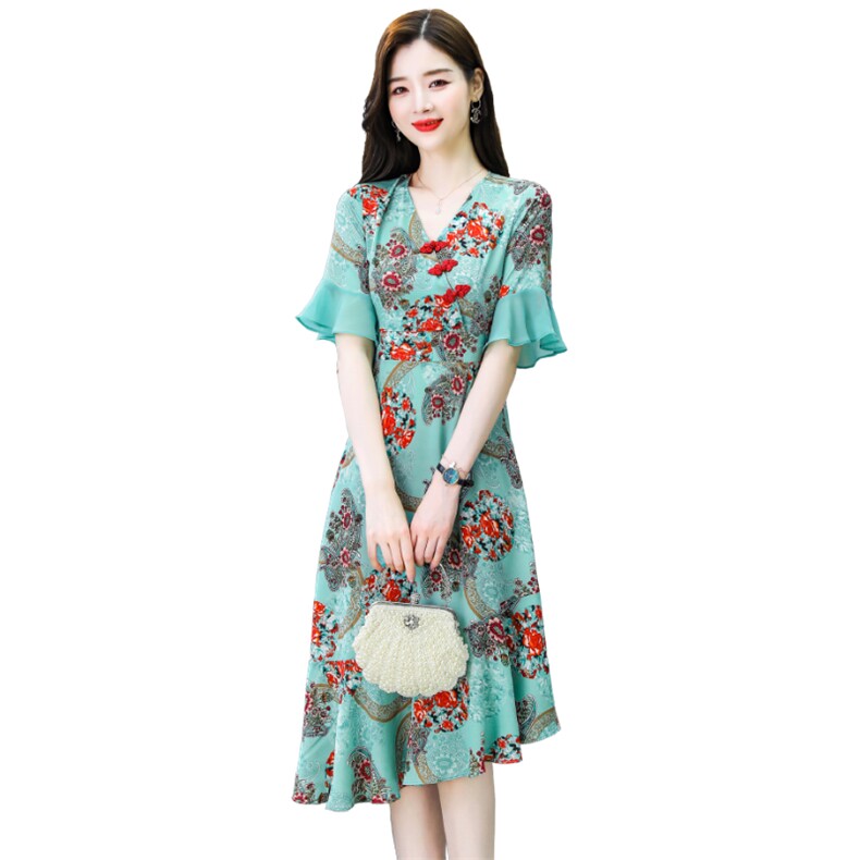 新中式碎花连衣裙女2024年夏季新款气质名媛收腰显瘦不规则鱼尾裙,女装连衣裙,韩美纤衣