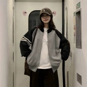 重磅秋冬北极绒开衫毛衣美式复古休闲慵懒风撞色立领针织衫外套图片