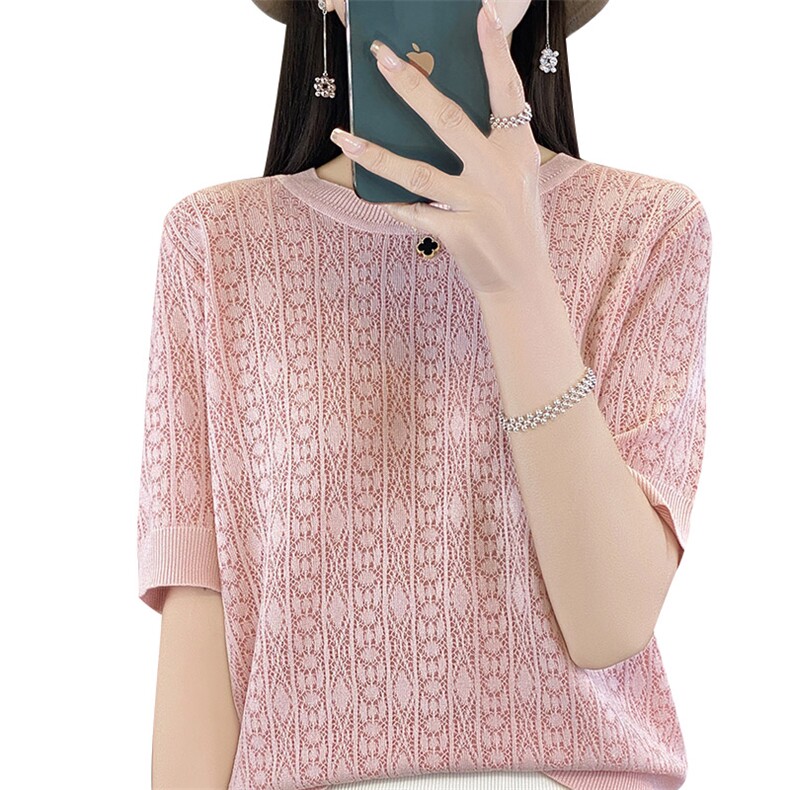 简约圆领针织短袖T恤女宽松休闲镂空薄款纯色小衫高级感百搭上衣,女装T恤,秋虹羊绒