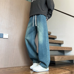 春秋季新款水洗牛仔裤男阔腿裤直筒裤长裤图片