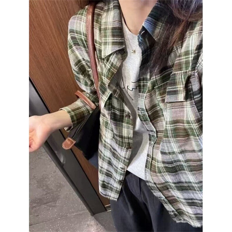 春季慵懒风绿色格子衬衣男女休闲衬衫宽松显瘦长袖上衣CA298,男装衬衫,星座1116A（原606A-3）