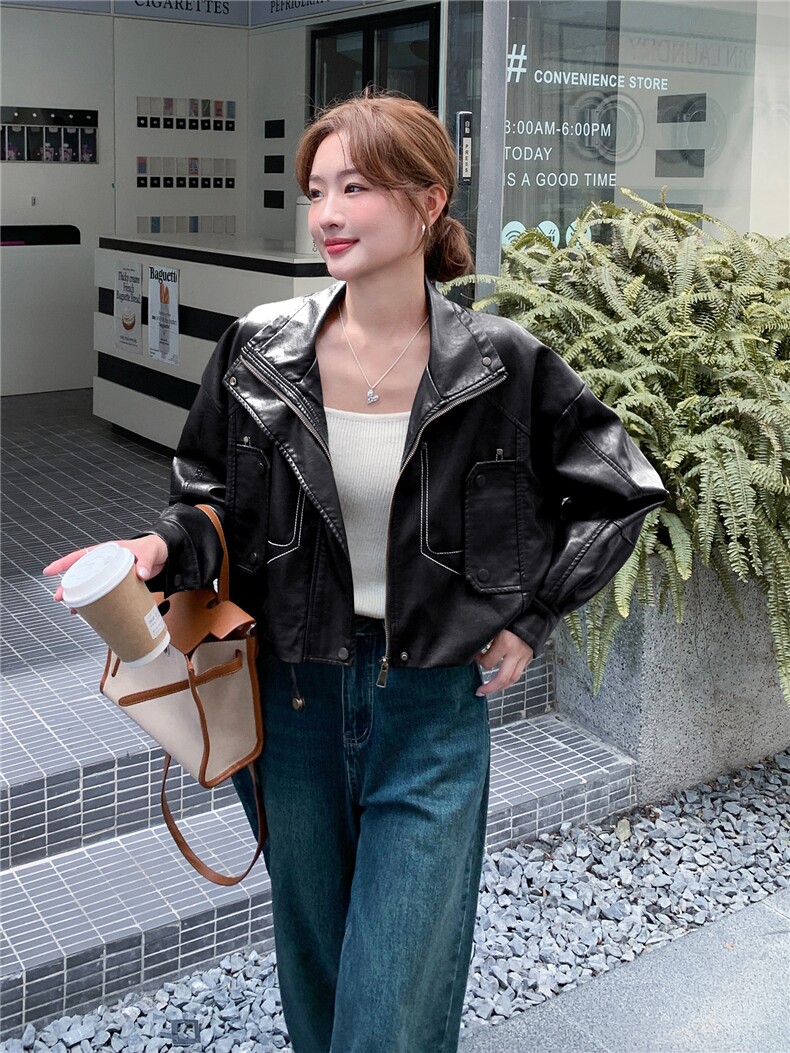 时尚复古新潮pu皮衣春秋季新款女装机车显瘦帅气翻领甜酷短外套女,女装短外套,意芙