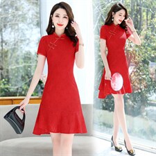 夏季红色蕾丝旗袍连衣裙女改良高端洋气妈妈送考高考年轻款裙子夏，女装连衣裙，鑫鑫美