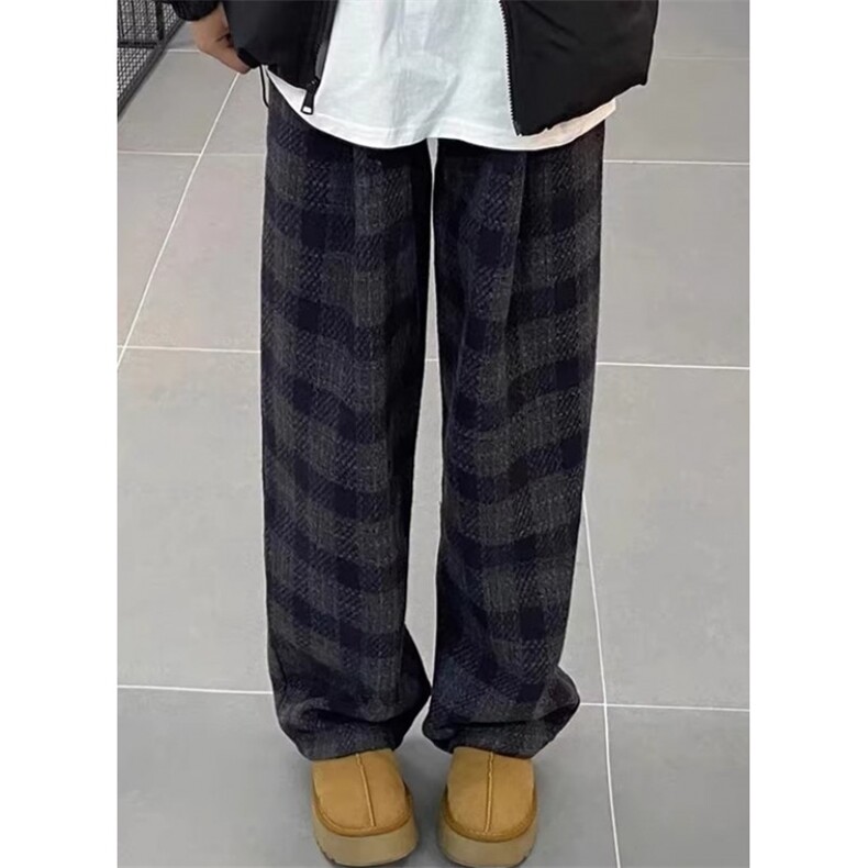 毛呢格子裤男春季美式休闲长裤vintage宽松阔腿休闲裤 KC19图片