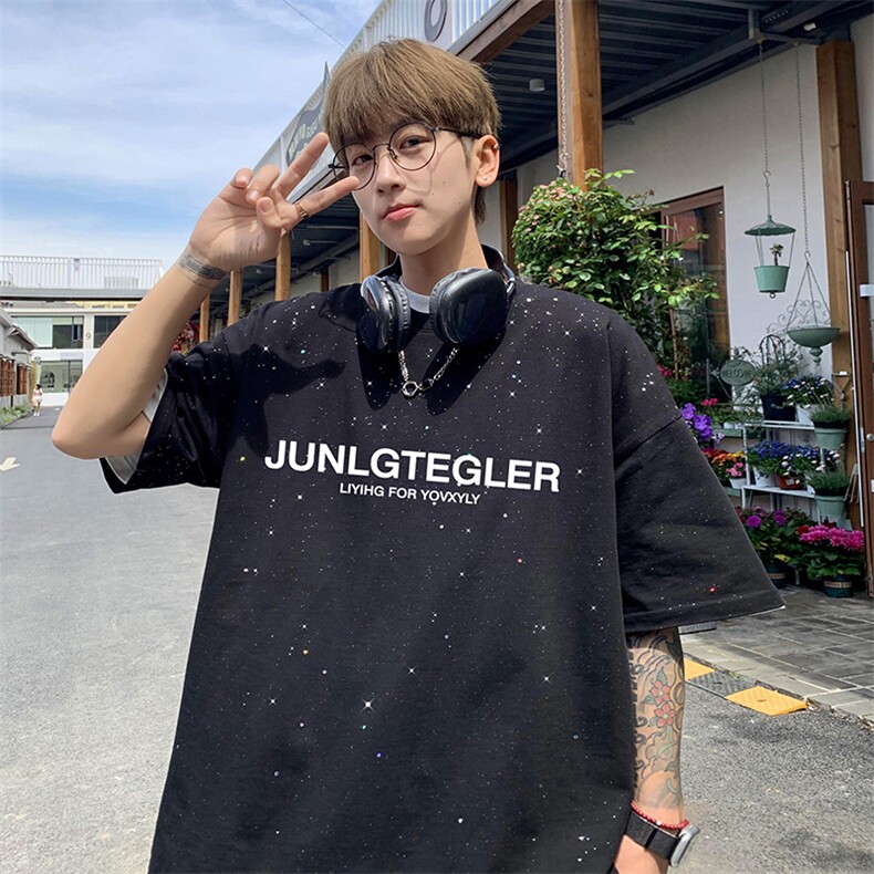 量大优供抖音视频支持得物配合二开美式满天星亮片短袖T恤MTX300,男装T恤,电商A486