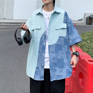 男五分袖新款原宿夏季时尚标准潮流青春流行方领潮衬衫纯色气质图片