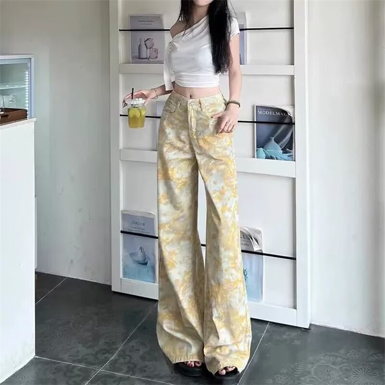 设计感复古扎染印花牛仔裤女夏季2025新款高腰显瘦独特设计拖地裤,男装牛仔裤,星座1210-1