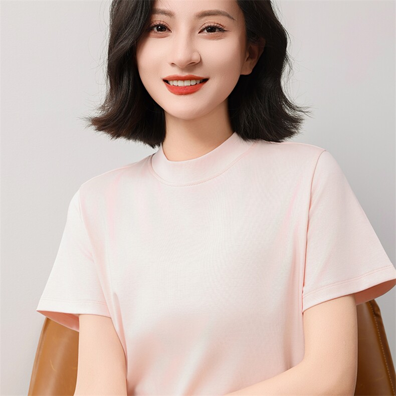 简约风液氨纯棉短袖T恤女2025新款宽松显瘦正肩t恤立领半袖打底衫,女装T恤,元素羊绒