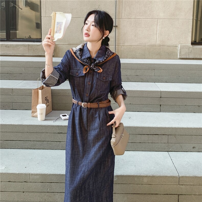 独特漂亮复古牛仔连衣裙女2025秋新款法式时尚气质收腰显瘦衬衫裙,女装连衣裙,2C098