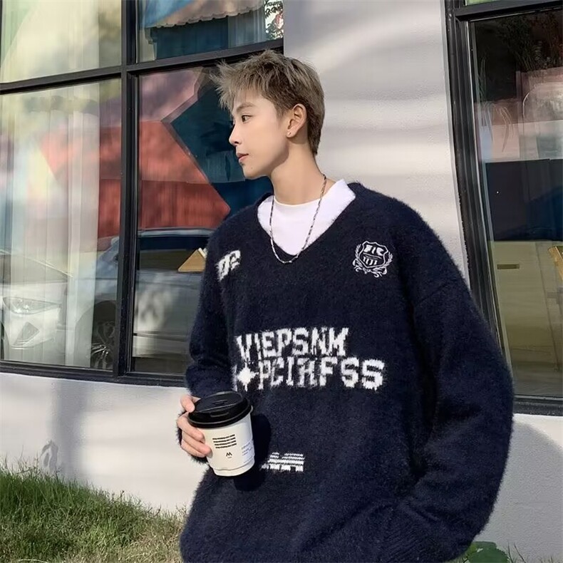 B433P62仿貂绒v领毛衣男秋冬款软糯慵懒高级感美式复古针织衫,男装针织衫/毛衣,星座512-6