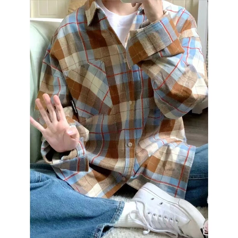 新款日系复古格子长袖衬衫女宽松设计感别致漂亮洋气衬衣CSA100,男装衬衫,星座208-5