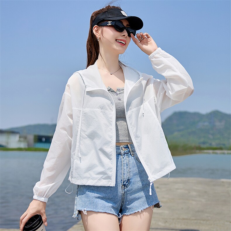 防晒衣女短款薄外套2025夏季新款防紫外线透气户外百搭连帽防晒服,女装防晒衣,以桐