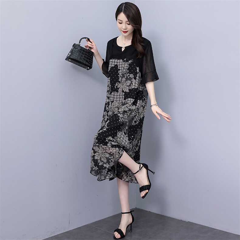 (现货）2025年夏季中长款A型短袖圆领大码连衣裙,女装连衣裙,深妍伊美