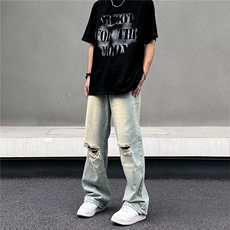 网图美式复古黄泥染破洞牛仔裤夏季宽松直筒牛仔裤K8854-P45，男装牛仔裤，星座1001-1