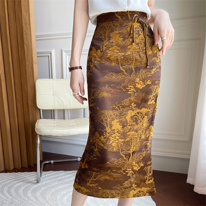 新中式包臀裙女2023夏季国风复古真丝提花醋酸半身裙开叉一步裙子，女装半身裙，朝贺羊绒