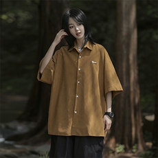日系新款复古纯色短袖衬衫男女同款夏季宽松休闲情侣衬衣，男装衬衫，星座410-6（原星座1304-1）