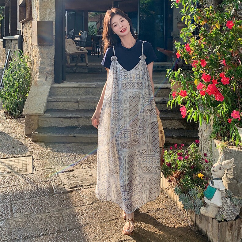 复古波西米亚慵懒风印花连衣裙套装女2025夏新款短袖吊带裙两件套,女装连衣裙,2C166