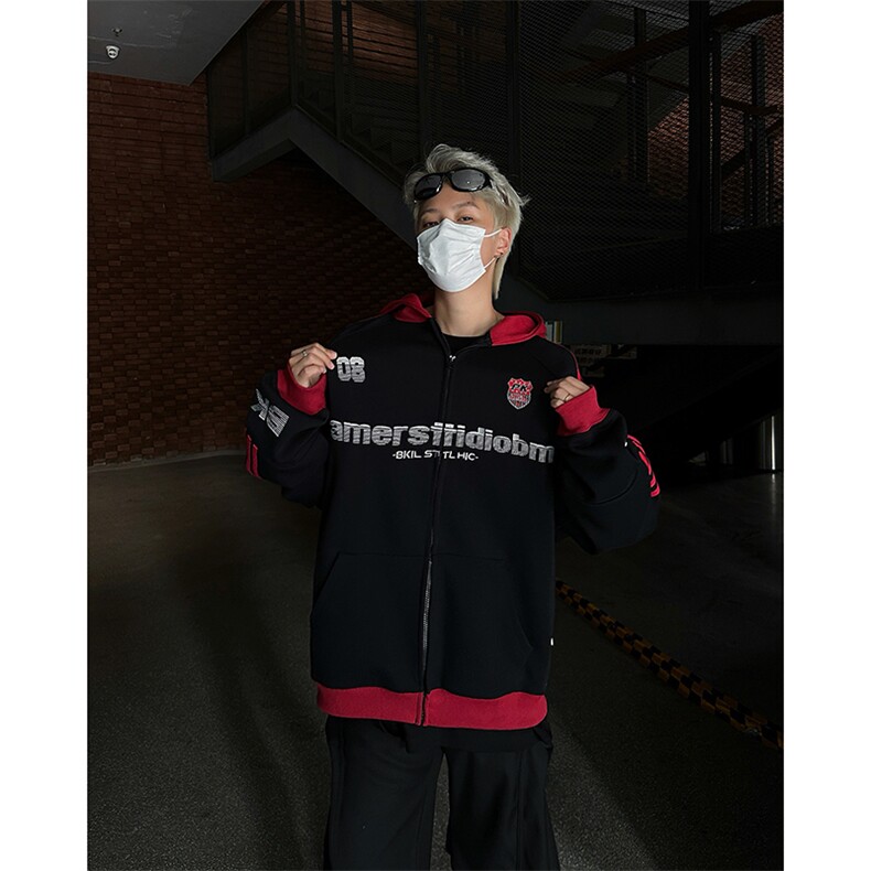 美式hiphop撞色拼接字母印花拉链连帽卫衣男女宽松运动开衫外套潮,男装卫衣,星座410-7
