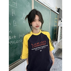 夏季美式高街重磅纯棉三条杠织带插肩撞色男女短袖T恤CZ98-特P25，男装T恤，电商A486