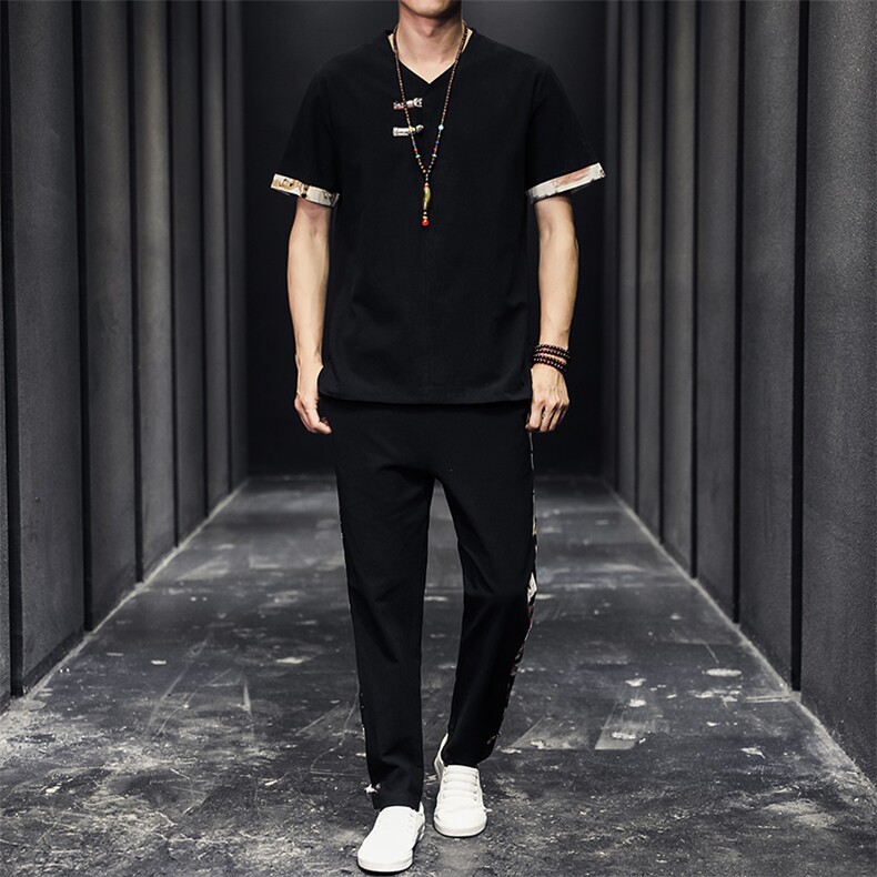 2026夏季风棉麻亚麻短袖T恤唐装大码男士盘扣套装H528-P50，男装休闲套装，星座1105-3