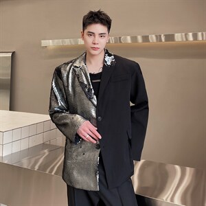 春季新款休闲宽松亮片拼接撞色西服外套上衣男潮A345-1877-P145图片