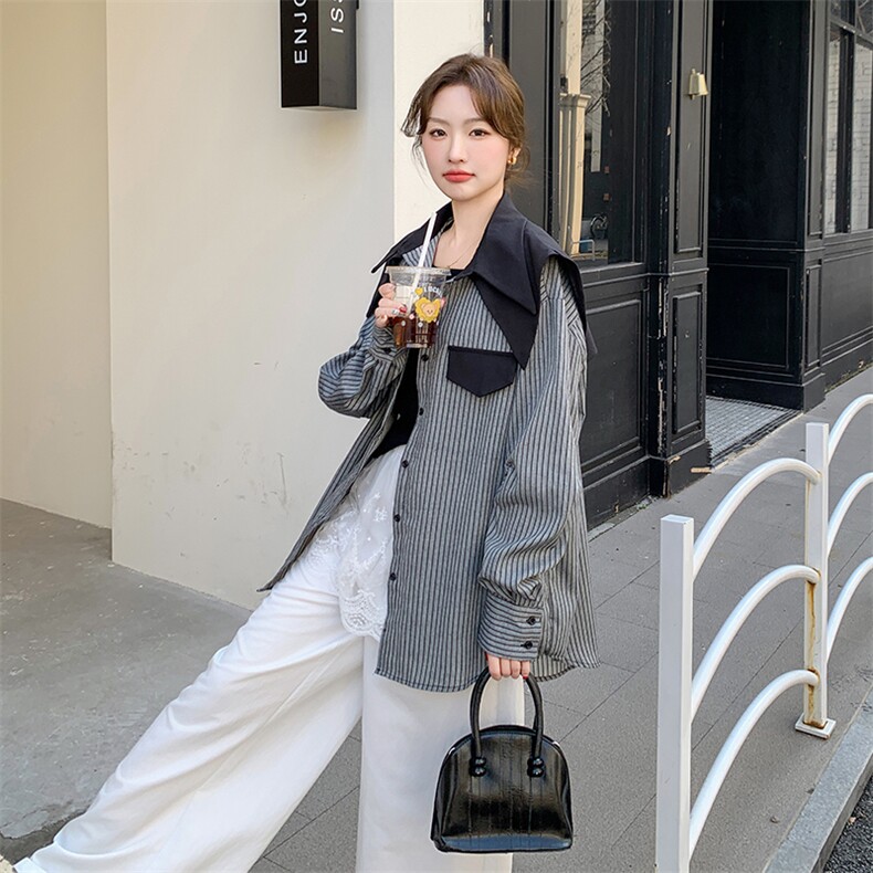 设计感拼接海军领条纹衬衫女2025秋季新款时尚宽松休闲小个子上衣,女装衬衫,维壹