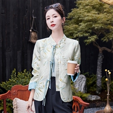 清冷风竹叶印花复古短外套女新中式立领流苏盘扣改良气质上衣，女装短外套，水衣源