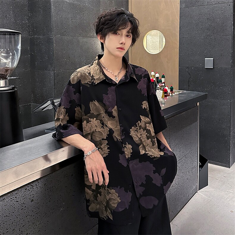 特批P25无差价夏季美式冰丝凉感顺滑印花大码短袖衬衫男CD5480,男装衬衫,电商A001