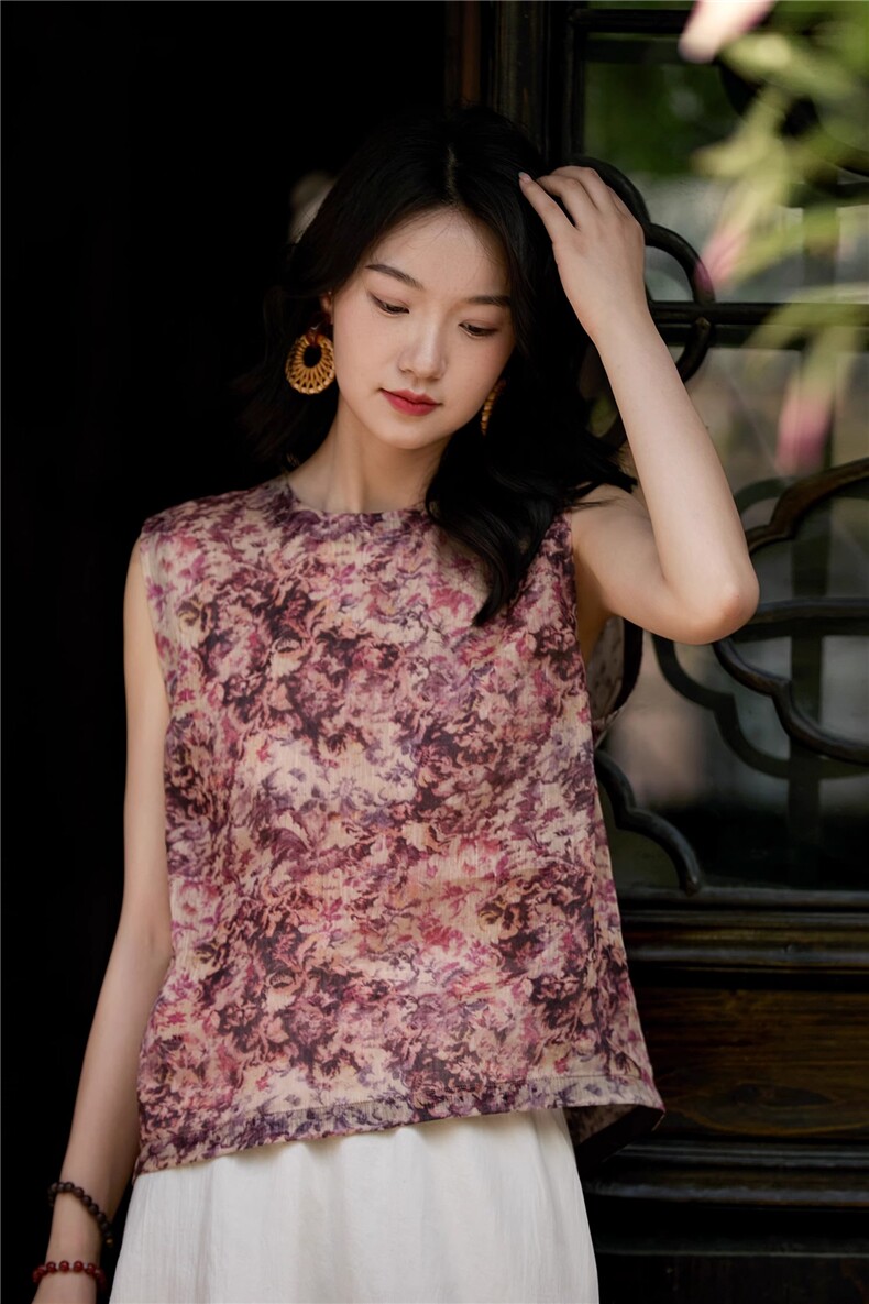 |"时光花铺"背心|数码印花圆领无袖上衣女25夏,女装衬衫,梦白服饰厂