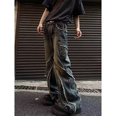 拼接毛边拉链设计感牛仔裤男重磅宽松拖地微喇长裤子N7717，男装牛仔裤，星座1116A（原606A-3）