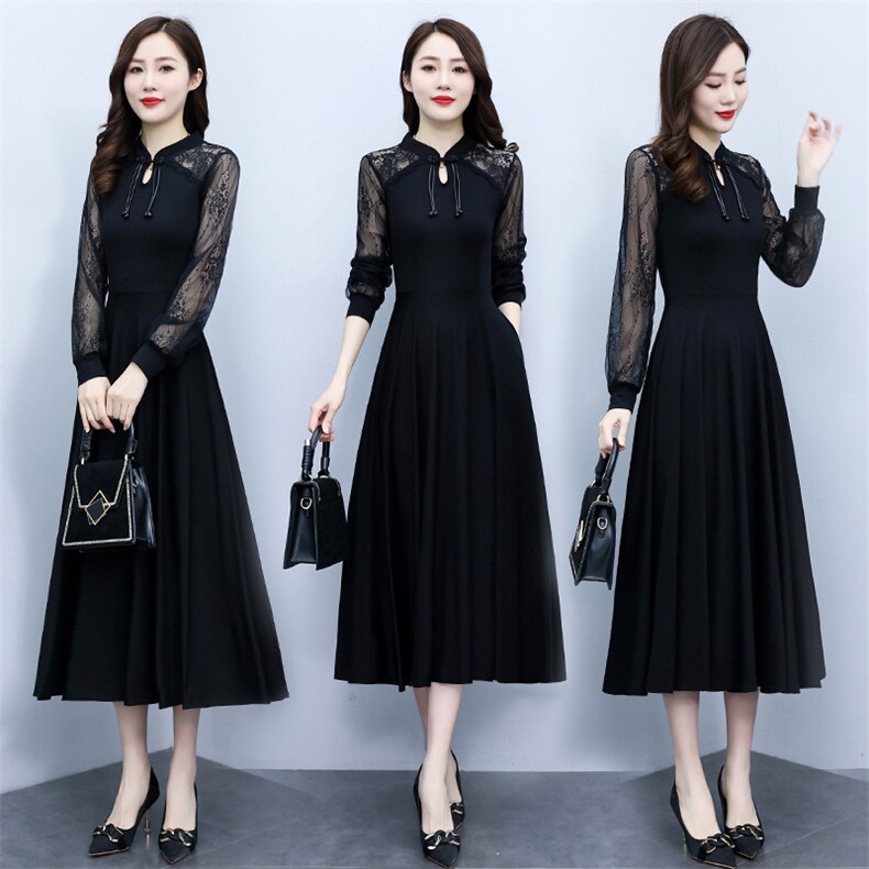 现货可推2023秋季新款收腰显瘦改良旗袍风连衣裙气质拼接长裙女，女装连衣裙，时尚风爆
