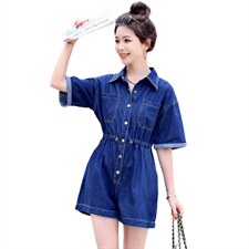 2022夏季新款简约时尚个性气质翻领抽绳收腰显瘦牛仔连体短裤，女装连体裤，瑶迪依秀