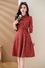 红色波点连衣裙女装2024春秋新款小个子收腰显瘦法式气质衬衫裙子，女装连衣裙，罗得堡