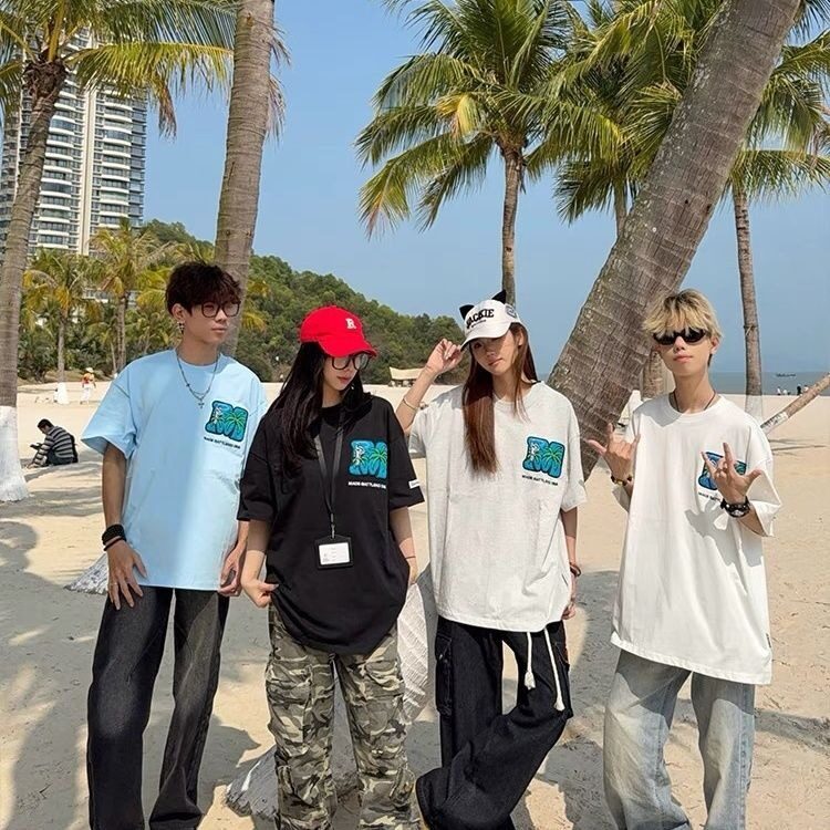 Q346-P42美式复古字母椰树刺绣短袖T恤男女潮夏季情侣上衣,男装T恤,星座911-1